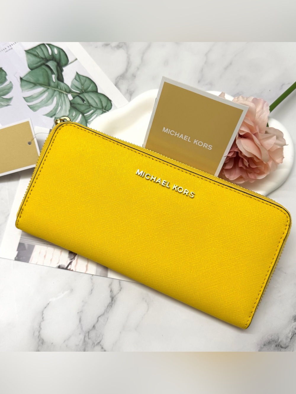Michael Kors Yellow Saffiano Zip continental Wallet with Gold Logo